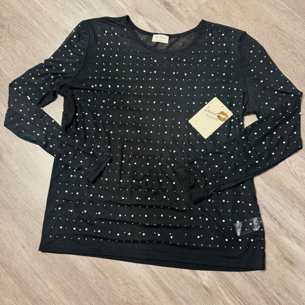 Free Kisses Womens 1X Black Mesh Pearl Rhinestone Long Sleeve Top FK11976X NWT
